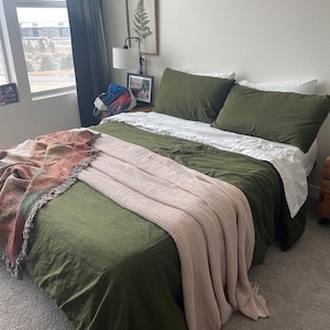 Handmade Moss Green Linen Duvet Cover Set: Stonewashed Soft Bedding