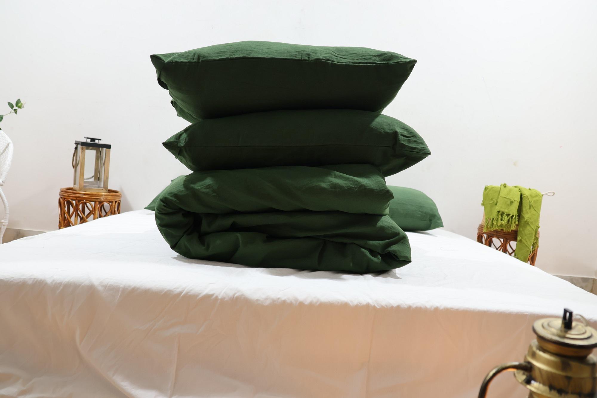 Stonewashed Linen Duvet Cover Set, Olive Green