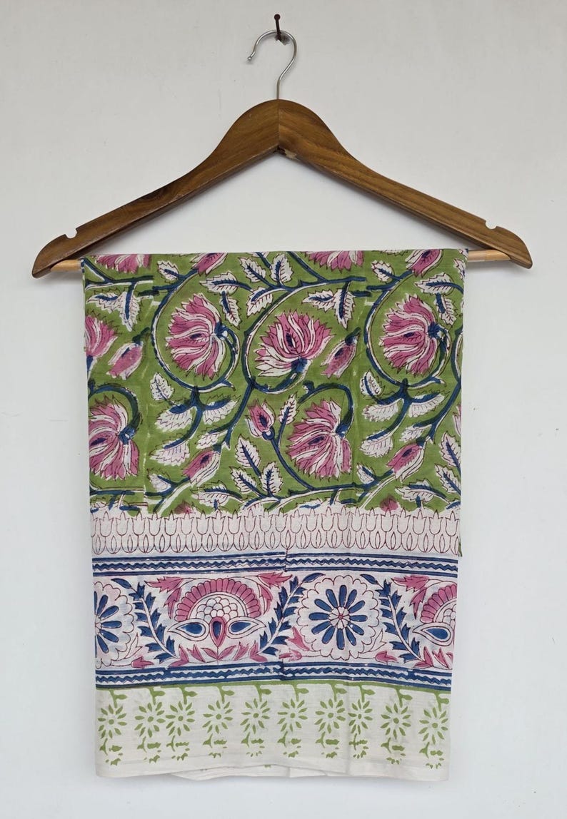 Green Base Block Printed Sarong 44x72 Inches | Blue Floral Soft Cotton Wrap Beach Cover Up Bohemian Style Swim Wear Pariyo Party Wear Scarf image 5