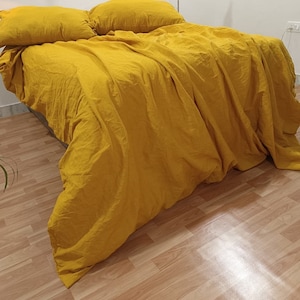 Yellow Mustard Linen Duvet Cover Set: Softened Bedding, Cal King