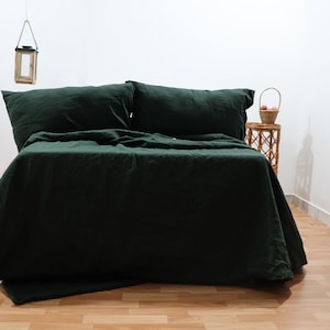 Emerald Green Linen Duvet Cover Set: Stonewashed Bedding