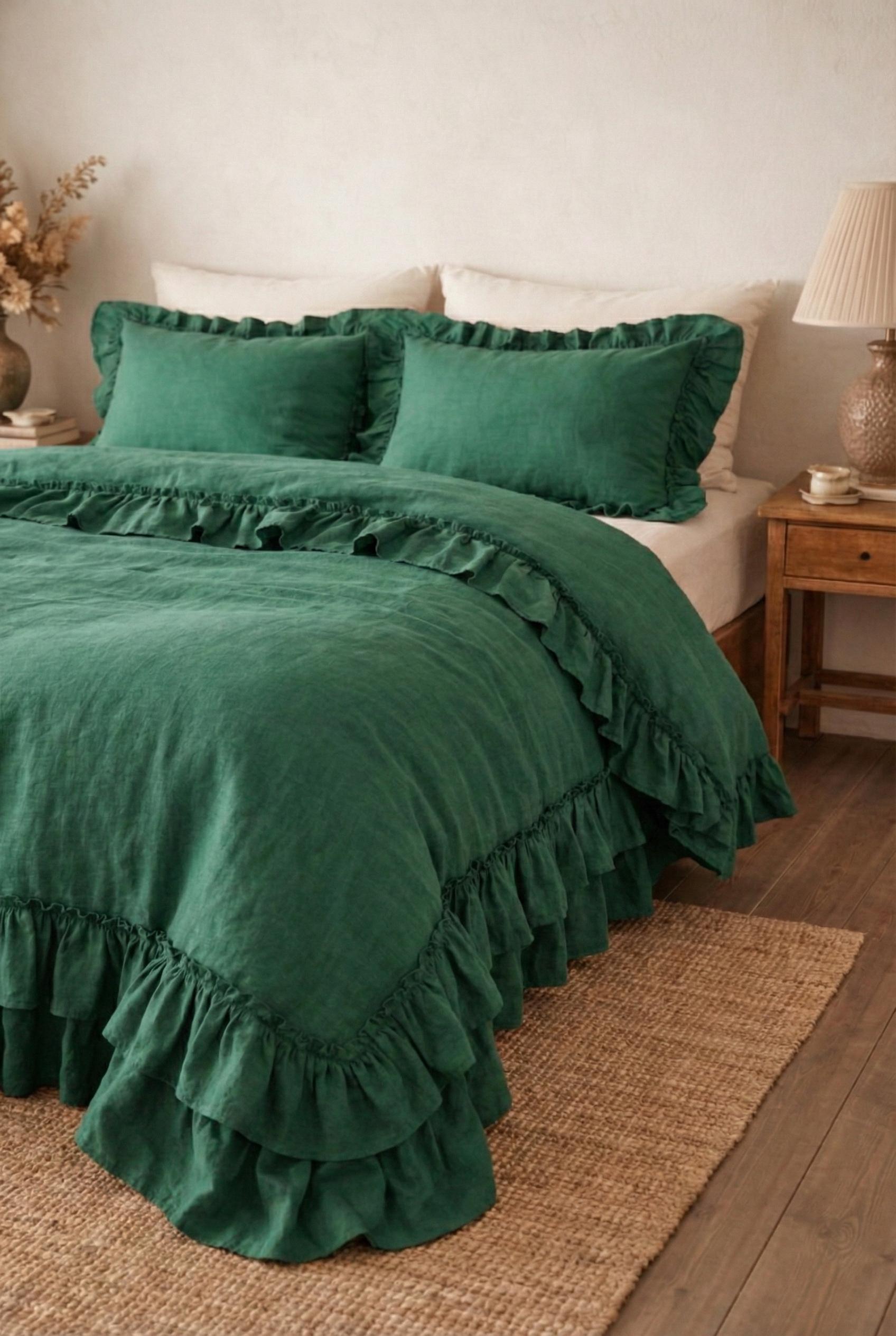 Emerald Green Ruffled Cotton Duvet Cover Set Ruffle Comforter Cover ...