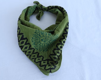 Moss Green Block Print Cotton Bandana: Bohemian Neck Scarf