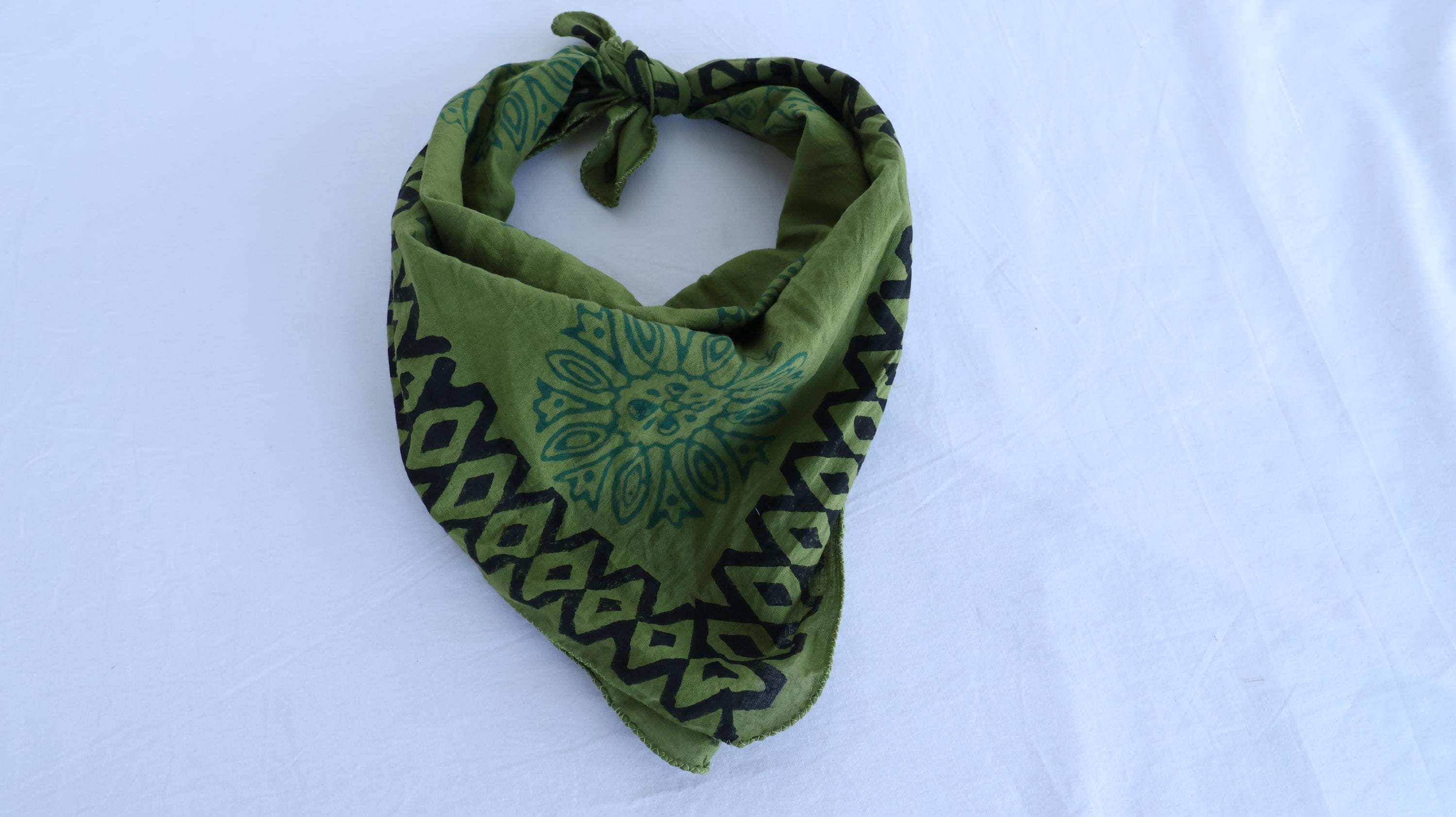Moss Green Block Print Cotton Bandana: Bohemian Neck Scarf