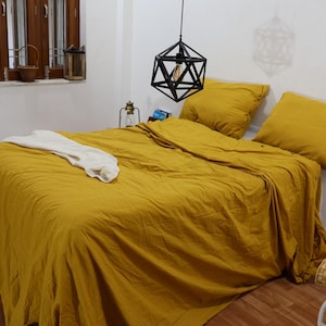Yellow Mustard Washed Linen Duvet Cover: Boho Bedding
