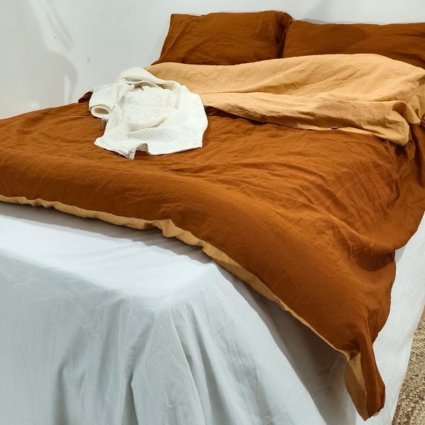 Cinnamon & Sandalwood Linen duvet dual color duvet cover with 2 pillow shames tobacco duvet cover boho Linen duvet cover Christmas Gift