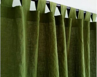 Moss Green Color Long Cotton Curtain Green Cotton Window Stonewashed Cotton Curtain 2 Panel, Rusty Cotton Curtain, Green Custom Size Curtain