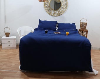 Handmade Navy Blue Linen Duvet Cover Set: Queen, King, Cal King