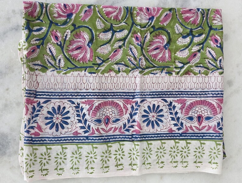 Green Base Block Printed Sarong 44x72 Inches | Blue Floral Soft Cotton Wrap Beach Cover Up Bohemian Style Swim Wear Pariyo Party Wear Scarf image 3