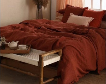 Rust orange Color Washed linen Duvet Cover - Duvet Cover With Buttons 3 Pcs Duvet Cover With Pillow - Linen Duvet Cover Linen Bedding set