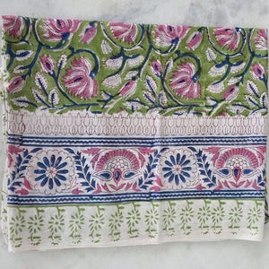 Green Base Block Printed Sarong 44x72 Inches | Blue Floral Soft Cotton Wrap Beach Cover Up Bohemian Style Swim Wear Pariyo Party Wear Scarf image 9