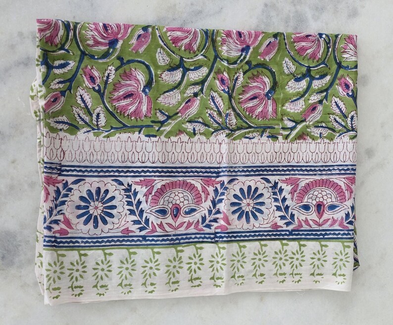 Green Base Block Printed Sarong 44x72 Inches | Blue Floral Soft Cotton Wrap Beach Cover Up Bohemian Style Swim Wear Pariyo Party Wear Scarf image 9