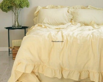 3 PCS Ruffle Yellow pastel cotton Duvet Cover Custard Boho Bedding duvet cover Uo Bedding  Washed duvet cover Queen King Twin Double bedding