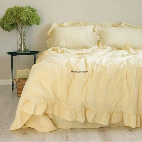 3 PCS Ruffle Yellow pastel cotton Duvet Cover Custard Boho Bedding duvet cover Uo Bedding  Washed duvet cover Queen King Twin Double bedding