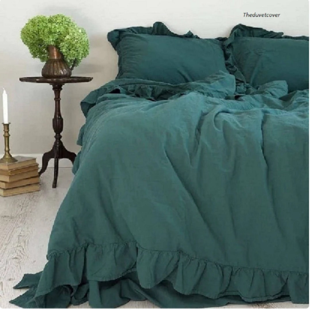 Emerald Green Ruffle Cotton Duvet Cover Stonewashed Cotton Duvet Cover King, Queen Duvet Cover