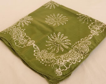 Moss Green Block Print Cotton Bandana Bohemian Neck Scarf Soft Breathable Fabric, Classic Casual Style Simple Green Color Unisex Headwear