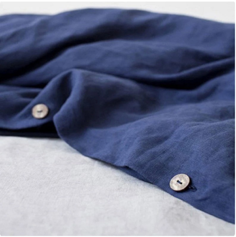 Linen Duvet Cover, Navy Blue Linen Duvet Cover, Washed Linen Duvet Cover Set With Matching Pillow Cases, Blue Linen Duvet Cover Queen King image 2