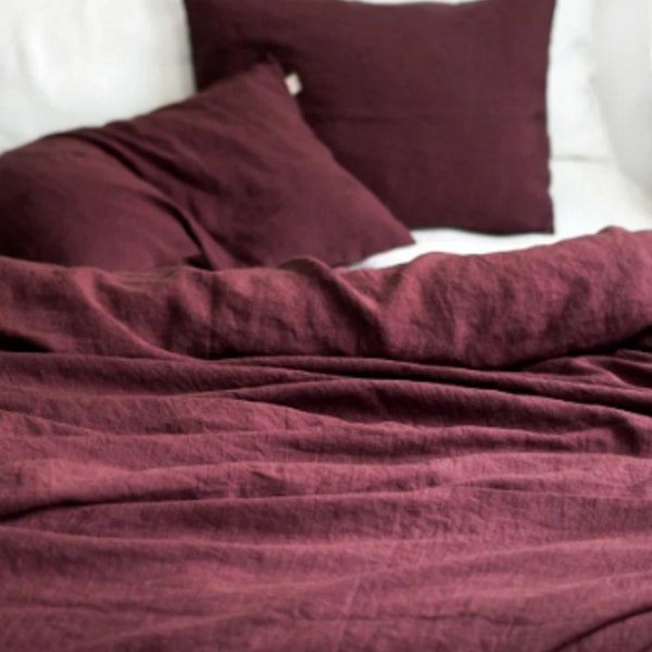 Plum Linen duvet cover With 2 pillowcases Stonewashed Red Linen bedding set Soft Linen Twin, Queen, king Custom Size Linen duvet cover