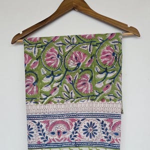 Green Base Block Printed Sarong 44x72 Inches | Blue Floral Soft Cotton Wrap Beach Cover Up Bohemian Style Swim Wear Pariyo Party Wear Scarf image 4