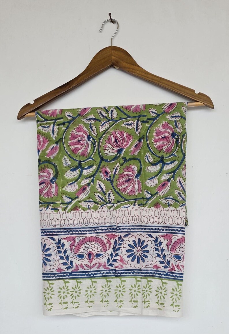 Green Base Block Printed Sarong 44x72 Inches | Blue Floral Soft Cotton Wrap Beach Cover Up Bohemian Style Swim Wear Pariyo Party Wear Scarf image 4