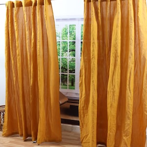 Golden Linen Cotton Curtain: Rustic Farmhouse Style, Two Panels