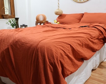 Rust Orange Linen Duvet Cover: Softened Boho Bedding.