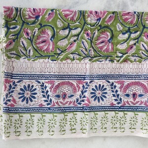 Green Base Block Printed Sarong 44x72 Inches | Blue Floral Soft Cotton Wrap Beach Cover Up Bohemian Style Swim Wear Pariyo Party Wear Scarf image 8