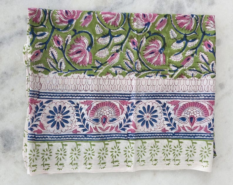 Green Base Block Printed Sarong 44x72 Inches | Blue Floral Soft Cotton Wrap Beach Cover Up Bohemian Style Swim Wear Pariyo Party Wear Scarf image 8