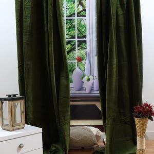 Handmade Olive Green Velvet Curtains - Two Panel Rod Pocket Drapes