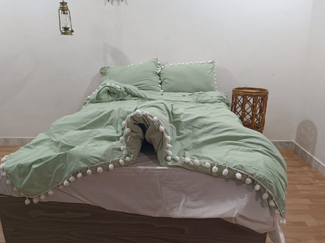 Sage Green Color and White Pom Pom Duvet Cover Tassels Duvet Cover With