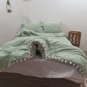 Sage Green Color and White Pom Pom duvet cover Tassels Duvet Cover With Buttons Cotton Duvet Cover Twin Double Queen King Custom Size duvet