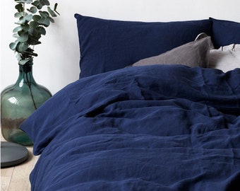 Duvet Cover & Pillowcase Set  Linen Mix Navy Blue 