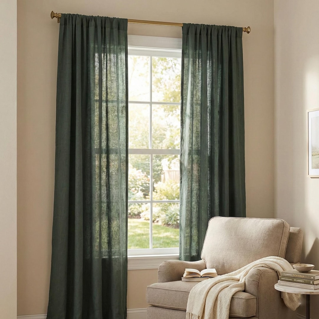 Moss Green Linen Curtain Natural Linen Window Treatments, Custom Size ...