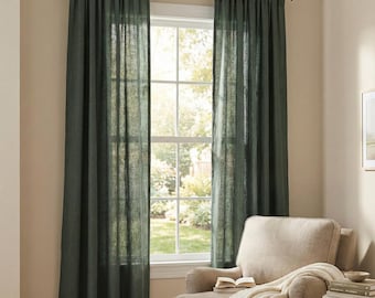 Cortina de linho verde musgo, cortinas de linho natural, cortina de linho sob medida, conjunto de painel de cortina de linho natural com bolso para varão para decoração de casa.
