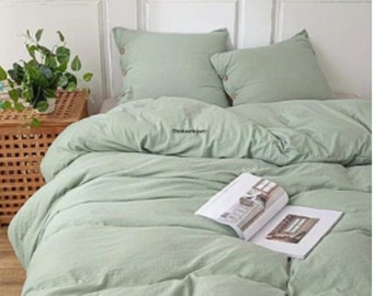 Sage Green Color  Cotton Duvet Cover-Green Duvet Cover-Cottagecore Bedding Decor-Twin Full Queen King Comforter With Pillowcases