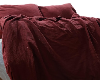 Maroon Linen Duvet Cover Set: Boho Indian Comforter, Pillowcases Included