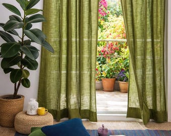 Color verde musgo Cortina de lino larga Cortinas de ventana de lino Cortina de lino Boho lavada a la piedra Panel de remolque Cortina verde