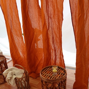 Rust Linen Curtain: Stonewashed Window Drape, Two Panel Set