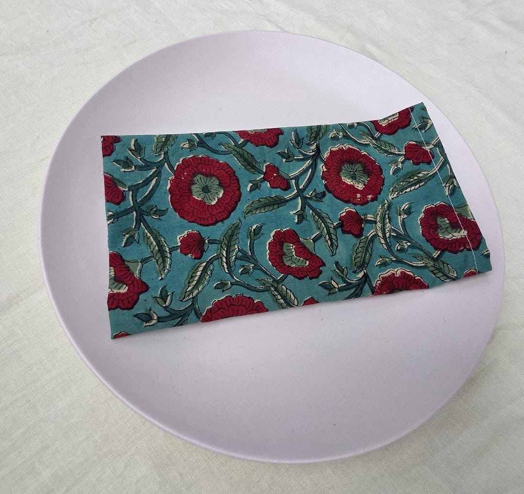 Green - Floral Block Print Cotton Hand Embroidery Table Napkin 06