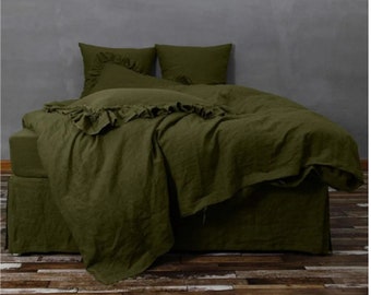 Olive Green Washed Linen Duvet cover Organic Boho Linen Duvet Cover Donna Cover  Queen King twin Green Custom Size Soft Linen Bedding Set