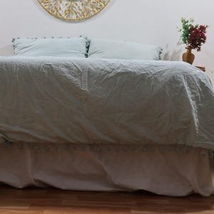 Sage Green Cotton Duvet Cover with Pom Poms and Tassels