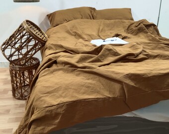 Komplet poszewek na kołdrę Cinnamon Stonewashed Linen: zapięcie na guziki z kokosa