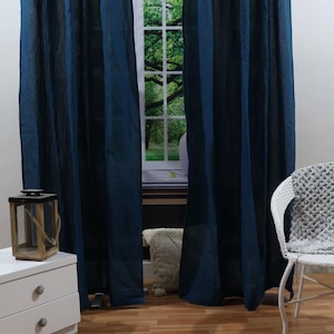 Handmade Midnight Blue Linen Curtain Set - Bohemian Window Panels