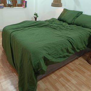 3 Pcs Olive green Linen Bedding Set Stonewashed Linen duvet cover Soft Linen Duvet With Matching Pillow Cover Queen King twin Custom Duvet