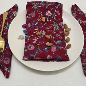 Red Floral Block Print Cotton Napkins - Indian Handcrafted Table Decor