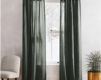 Forest Green Curtain, green Curtain, Window Drape, Stonewashed Linen Curtain Two Panel Curtains Custom Size Linen Curtain Bohemian Curtain