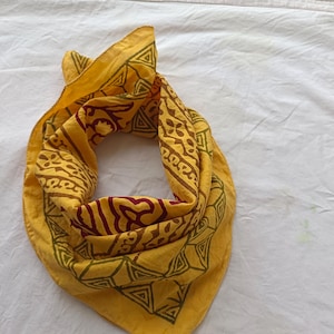 Yellow Block Print Cotton Bandana: Bohemian Neck Scarf