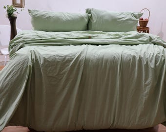 Handmade Sage Green Cotton Duvet Cover Set with Pillowcases