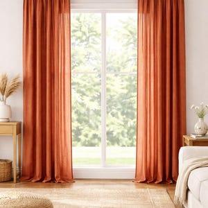 Zasłona lniana w kolorze rdzawopomarańczowym, boho, rustykalny wystrój okien, panele okienne do salonu, naturalny, miękki, prany len, zasłony do sypialni
