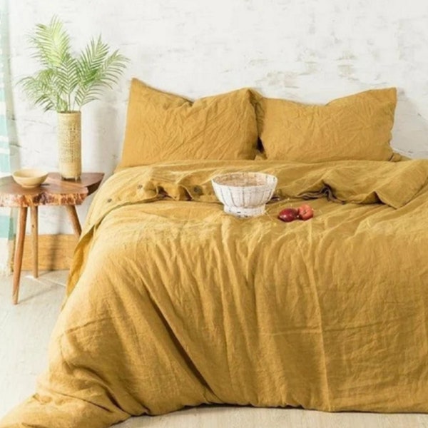 Yellow Mustard Washed Linen Duvet Cover,  Twin Full King Queen Custom Size Linen Duvet Cover Linen Softened Dorm duvet cover Boho Bedding,